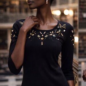 Black Cocktail Dress with Beaded Collar and Keyhole Back